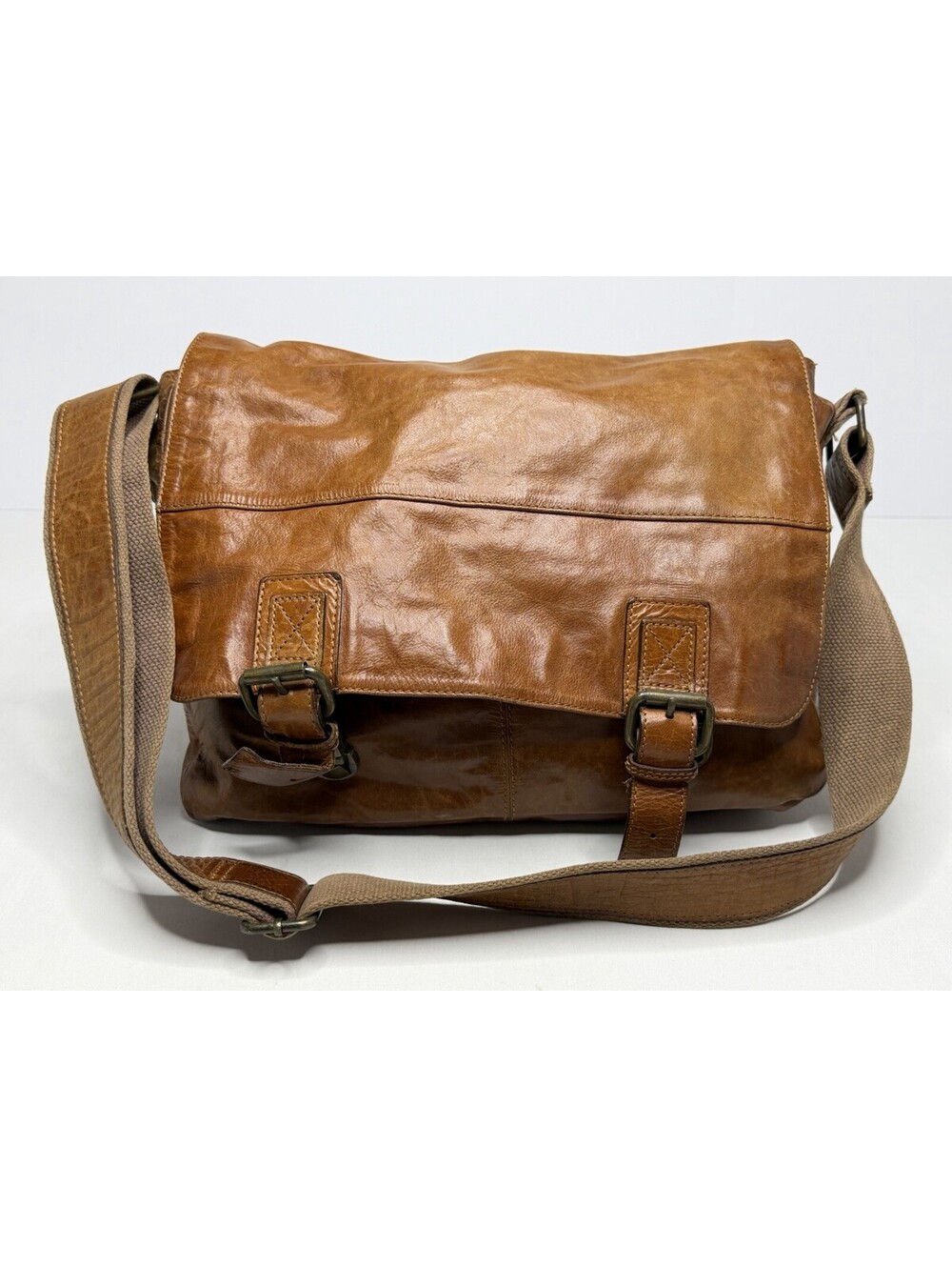 Fossil Brand Brown Distressed Leather Double Buckle Messenger Laptop Bag P64